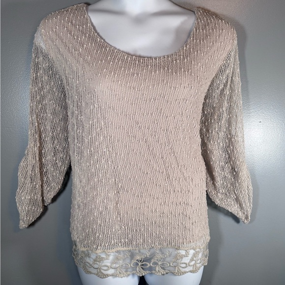 Indigo Soul Beige Sheer Knit Lace Hem Tunic Top | 2XL - Picture 4 of 14